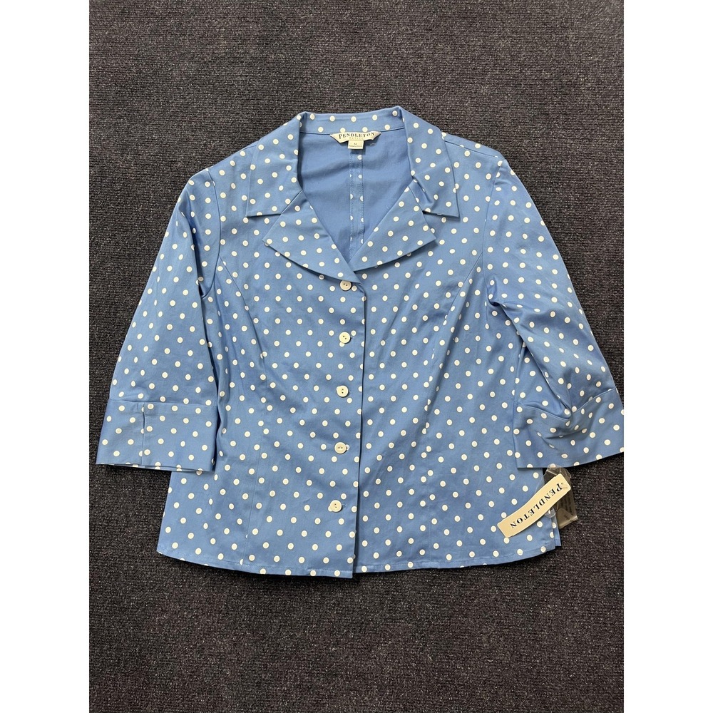 Pendleton Blouse Womens Medium Petite Blue Polka Dot Stretch 3/4 Sleeve Top